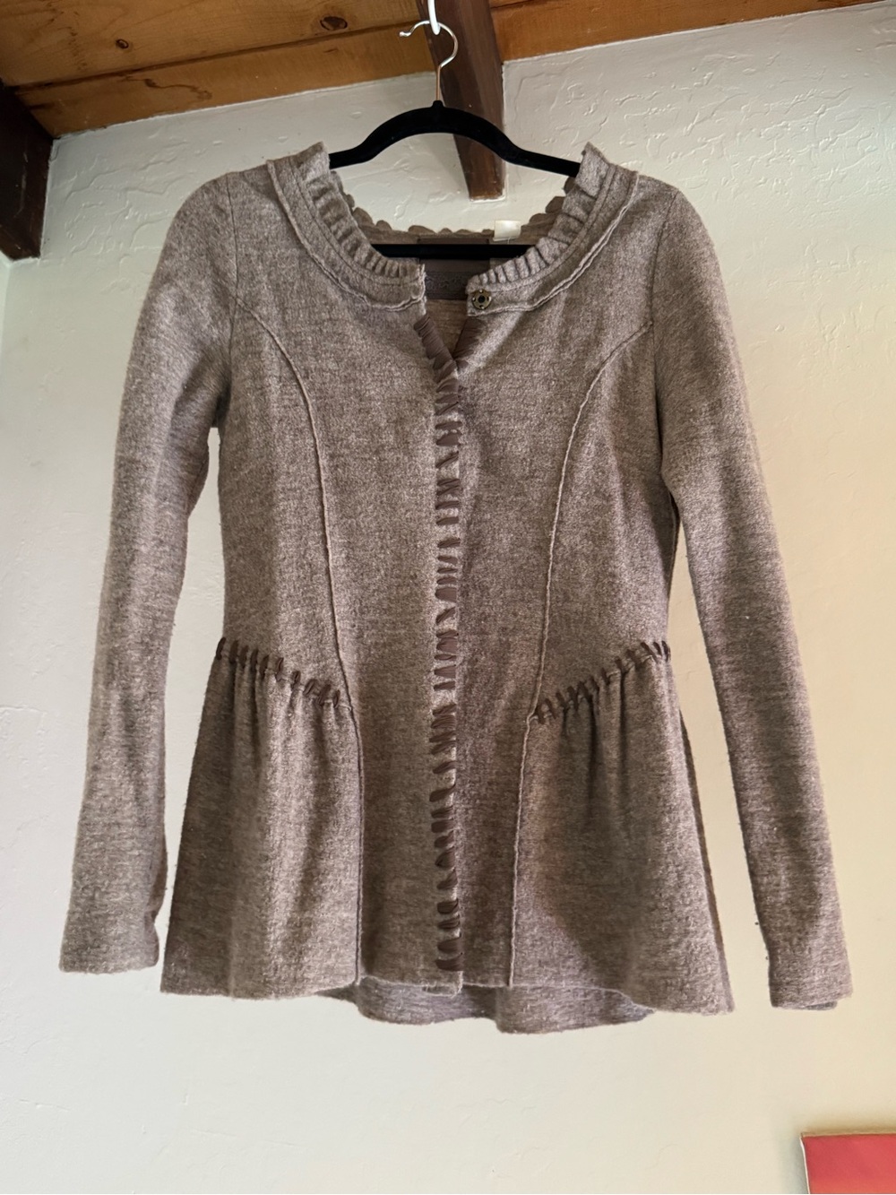Anthropologie Guinevere Women's Taupe Ruffle-Trim Knit Sweater Cardigan
